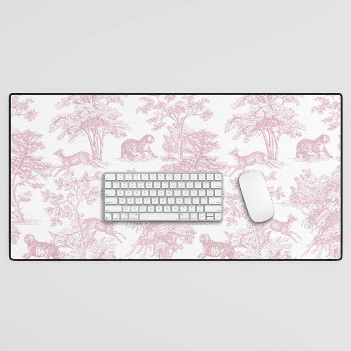 Toile de Jouy Vintage French Exotic Jungle Forest Baby Pink & White Desk Mat Gallery Image 1
