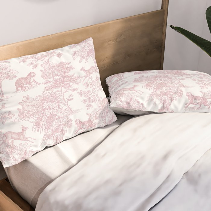 Toile de Jouy Vintage French Exotic Jungle Forest Baby Pink & White Pillow Sham Gallery Image 2