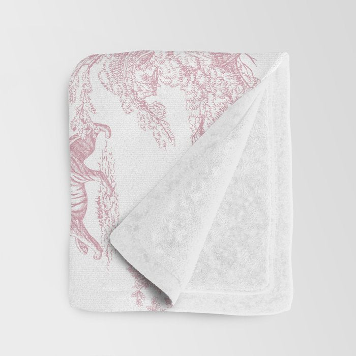 Toile de Jouy Vintage French Exotic Jungle Forest Baby Pink & White Throw Blanket Gallery Image 3