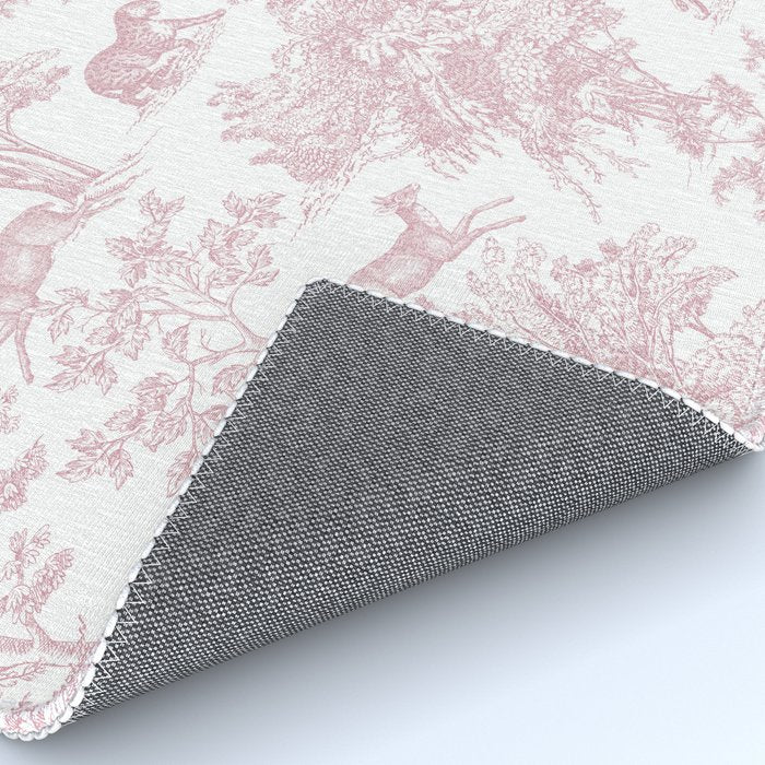 Toile de Jouy Vintage French Exotic Jungle Forest Baby Pink & White Rug Gallery Image 4