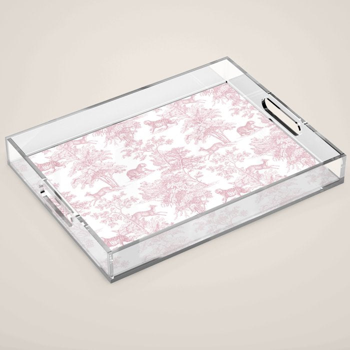 Toile de Jouy Vintage French Exotic Jungle Forest Baby Pink & White Acrylic Tray Gallery Image 1