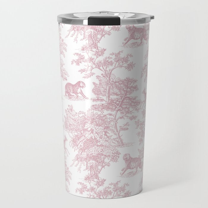 Toile de Jouy Vintage French Exotic Jungle Forest Baby Pink & White Travel Mug Gallery Image 1