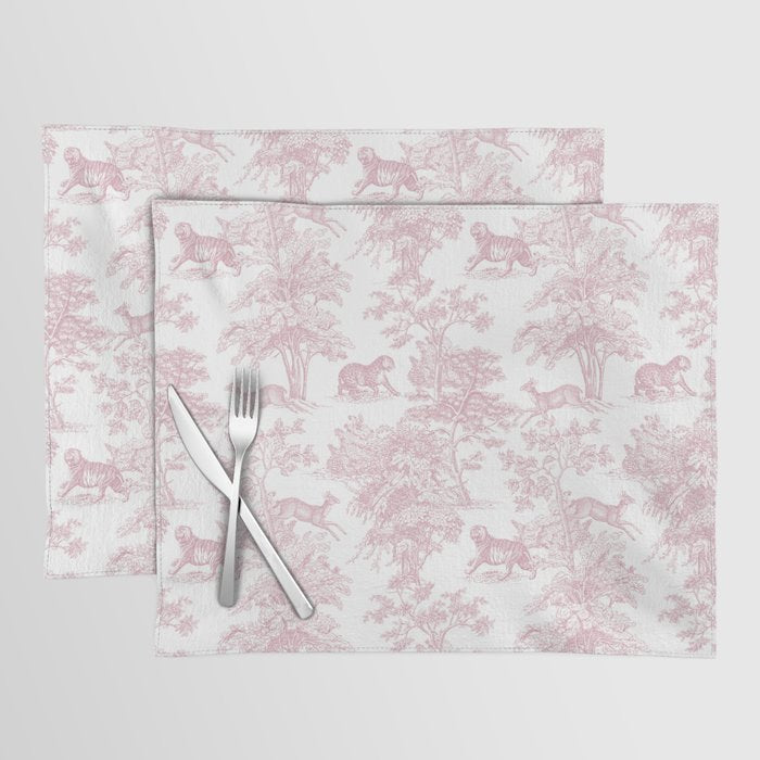 Toile de Jouy Vintage French Exotic Jungle Forest Baby Pink & White Placemat Gallery Image 1