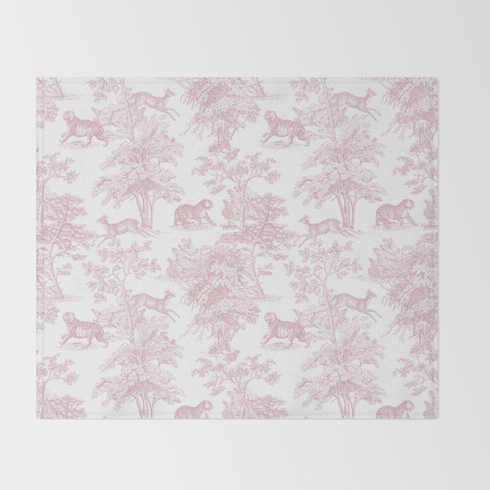 Toile de Jouy Vintage French Exotic Jungle Forest Baby Pink & White Throw Blanket Gallery Image 2