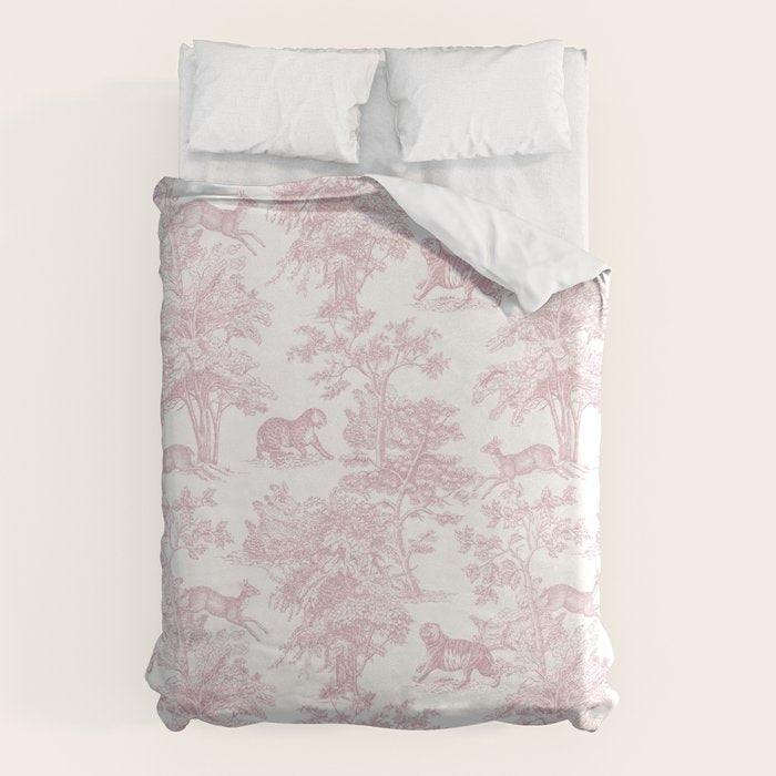 Toile de Jouy Vintage French Exotic Jungle Forest Baby Pink & White Duvet Cover Gallery Image 6