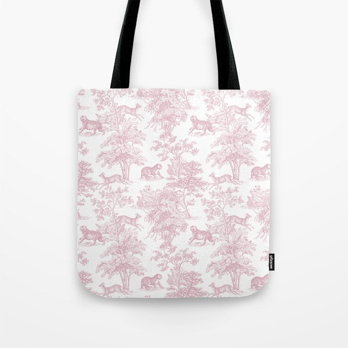 Toile de Jouy Vintage French Exotic Jungle Forest Baby Pink & White Tote Bag Gallery Image 1