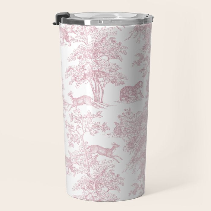 Toile de Jouy Vintage French Exotic Jungle Forest Baby Pink & White Travel Mug Gallery Image 3