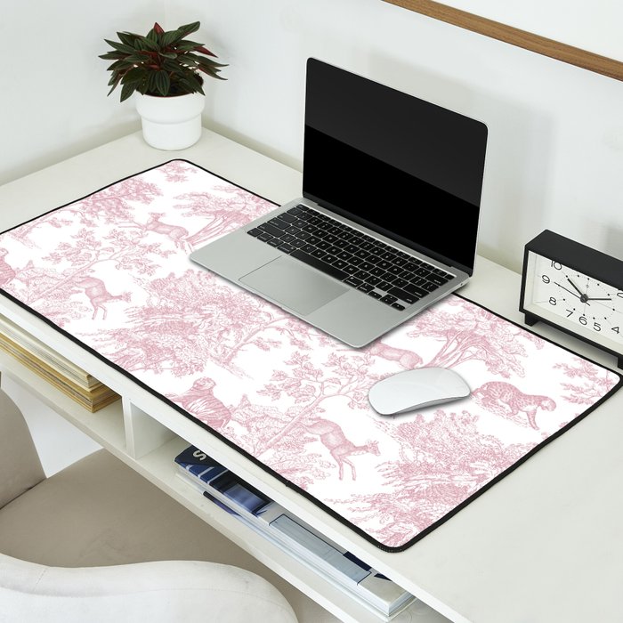 Toile de Jouy Vintage French Exotic Jungle Forest Baby Pink & White Desk Mat Gallery Image 2