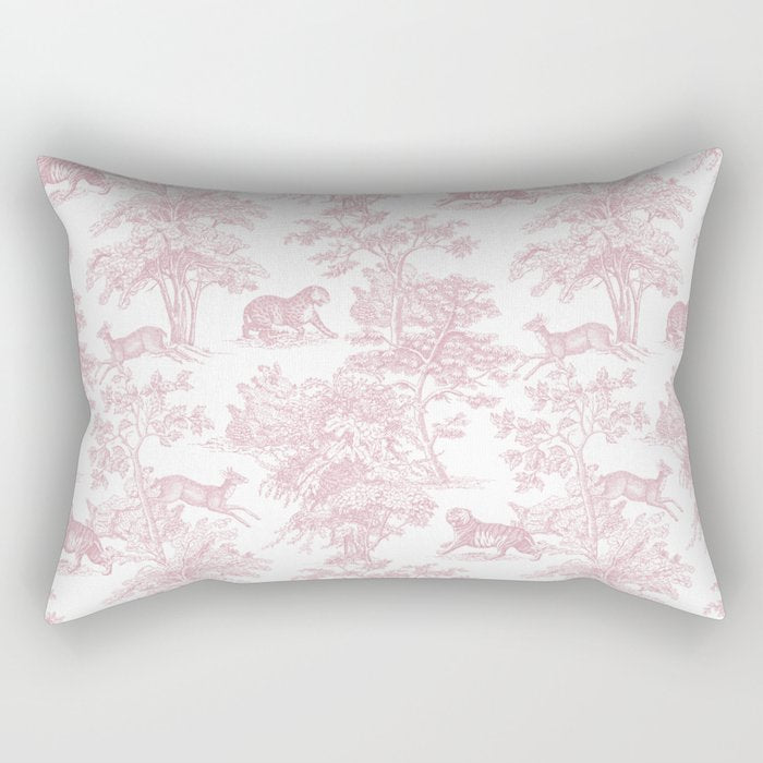 Toile de Jouy Vintage French Exotic Jungle Forest Baby Pink & White Rectangular Pillow Gallery Image 1