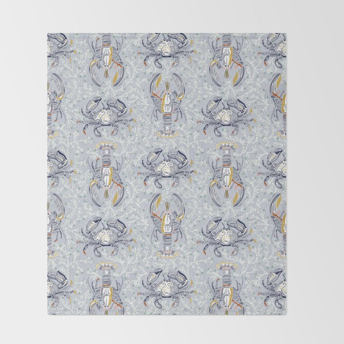 Lobster and crab coastal nostalgia grey Throw Blanket Gallery Image 2