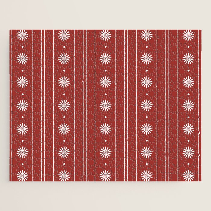 Daisy Stripes Dark Red and White Pattern Jigsaw Puzzle Gallery Image 1