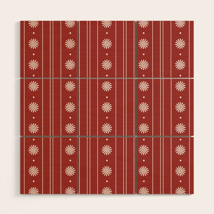 Daisy Stripes Dark Red and White Pattern Wood Wall Art Gallery Image 1