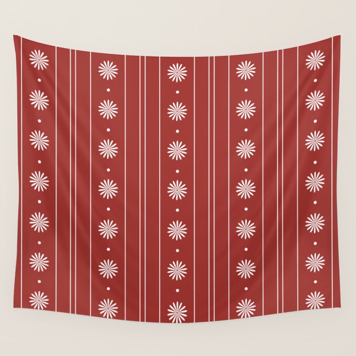 Daisy Stripes Dark Red and White Pattern Wall Tapestry Gallery Image 4