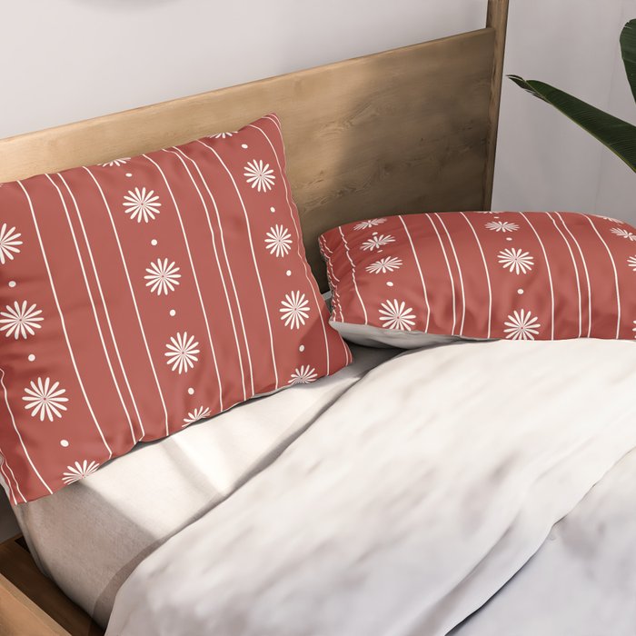 Daisy Stripes Dark Red and White Pattern Pillow Sham Gallery Image 2