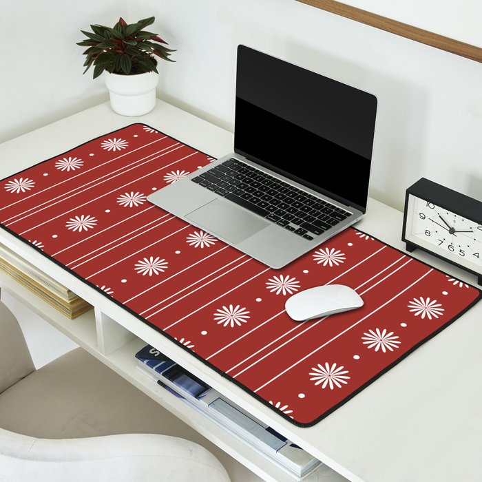 Daisy Stripes Dark Red and White Pattern Desk Mat Gallery Image 2