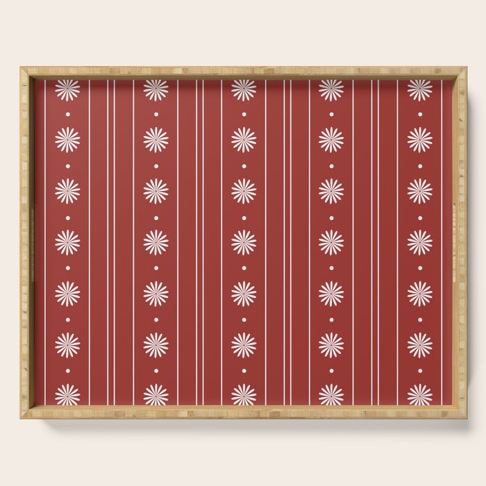 Daisy Stripes Dark Red and White Pattern Serving Tray Gallery Image 1