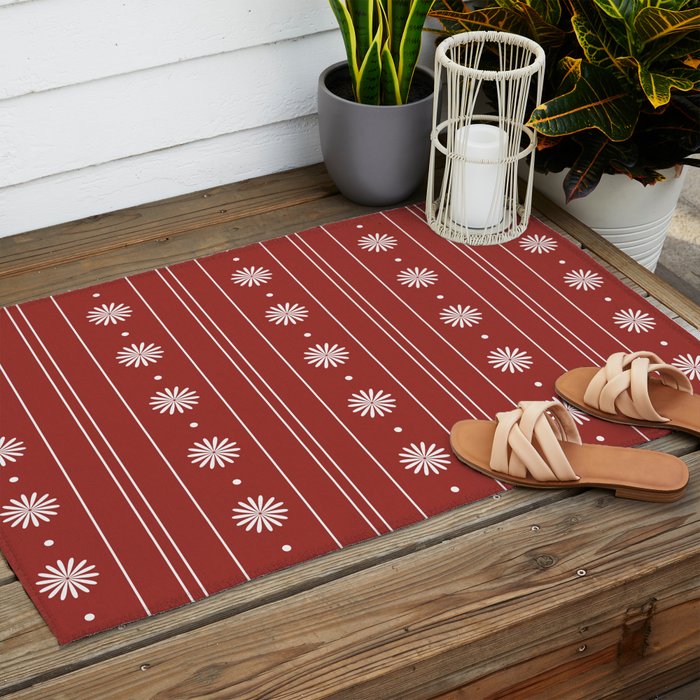 Daisy Stripes Dark Red and White Pattern Outdoor Rug Gallery Image 2