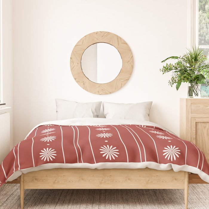 Daisy Stripes Dark Red and White Pattern Duvet Cover Gallery Image 3