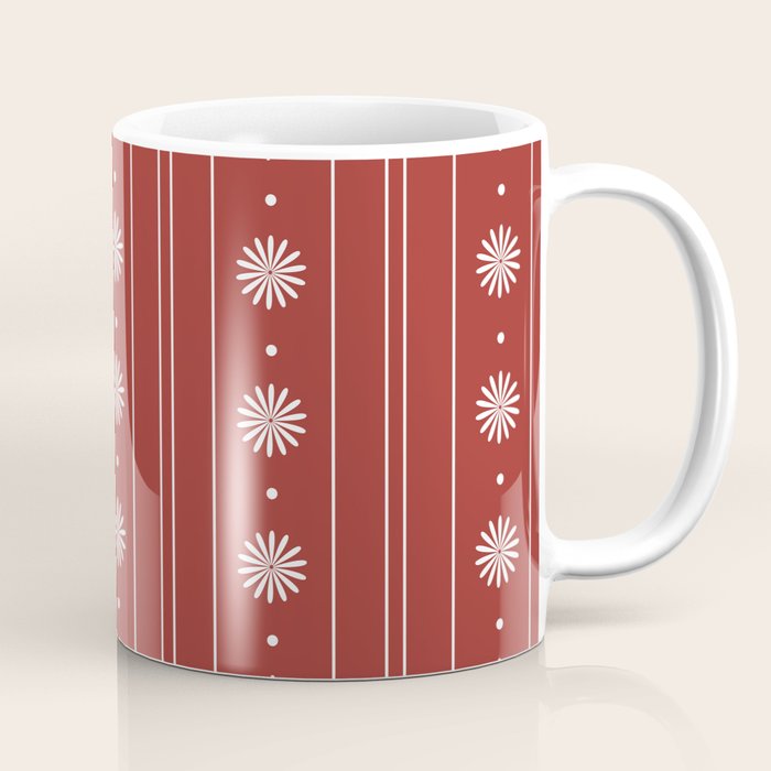 Daisy Stripes Dark Red and White Pattern Coffee Mug Gallery Image 1