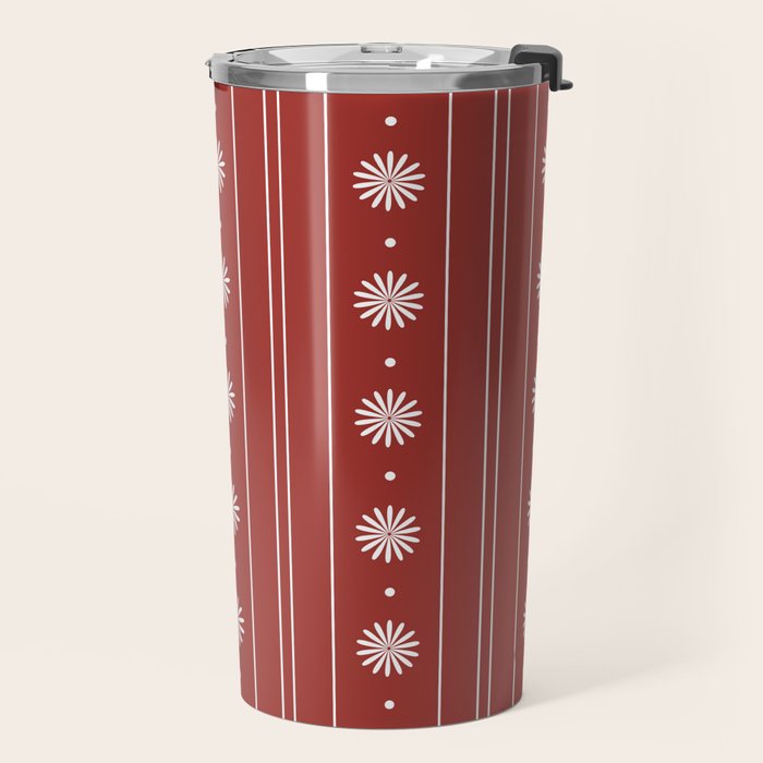Daisy Stripes Dark Red and White Pattern Travel Mug Gallery Image 2