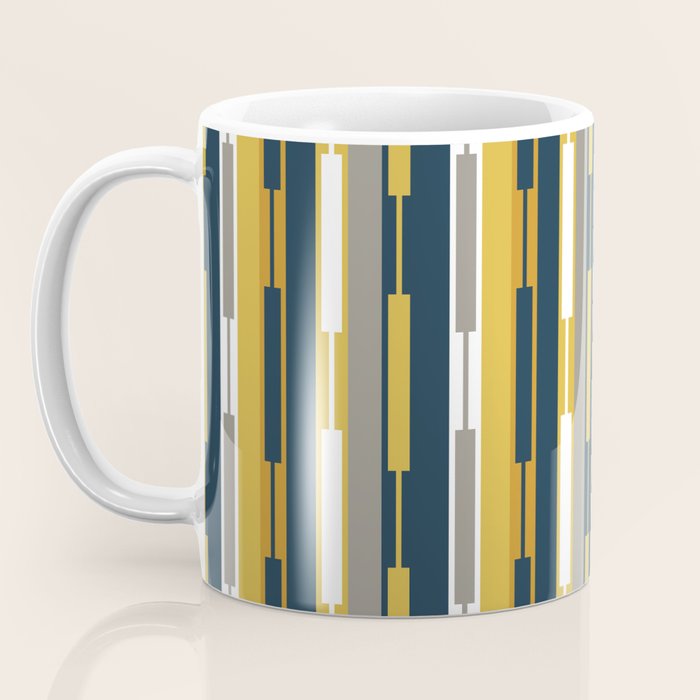 Vertical Striped Geo Chain Geometric Pattern Navy Blue Mustard Yellow Gray White Coffee Mug Gallery Image 3