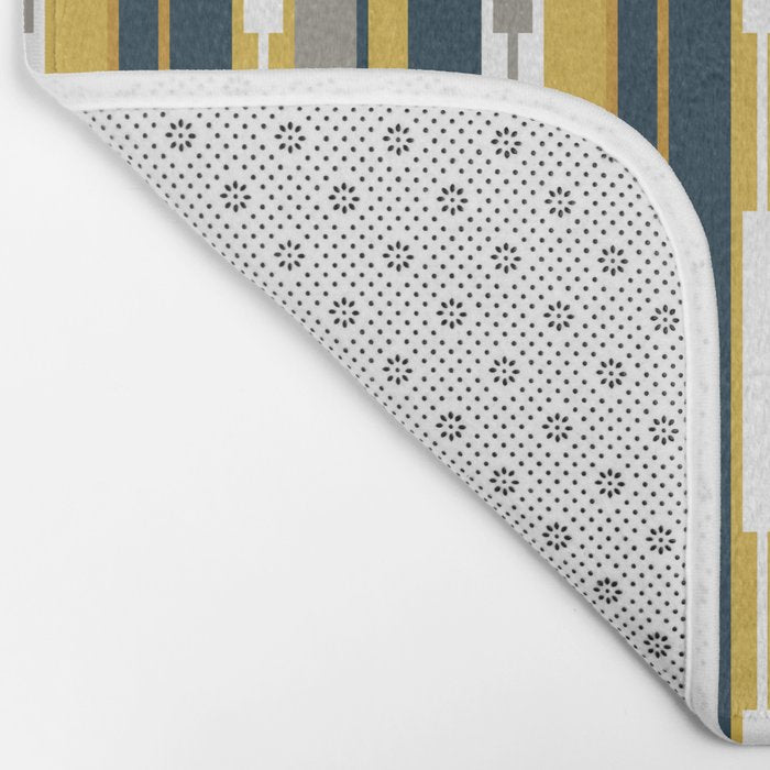 Vertical Striped Geo Chain Geometric Pattern Navy Blue Mustard Yellow Gray White Bath Mat Gallery Image 2