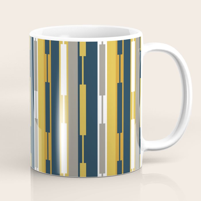 Vertical Striped Geo Chain Geometric Pattern Navy Blue Mustard Yellow Gray White Coffee Mug Gallery Image 1