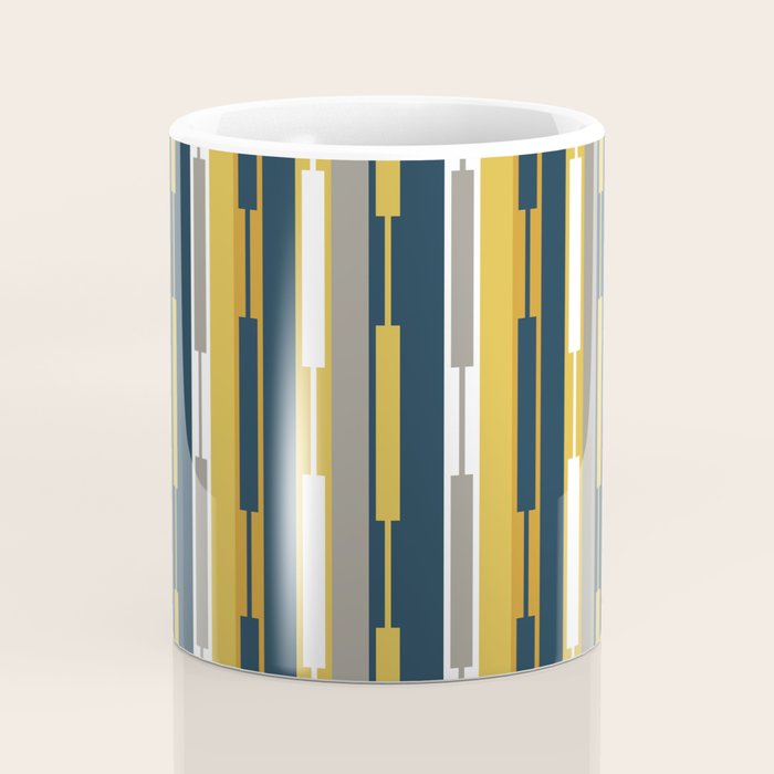 Vertical Striped Geo Chain Geometric Pattern Navy Blue Mustard Yellow Gray White Coffee Mug Gallery Image 4