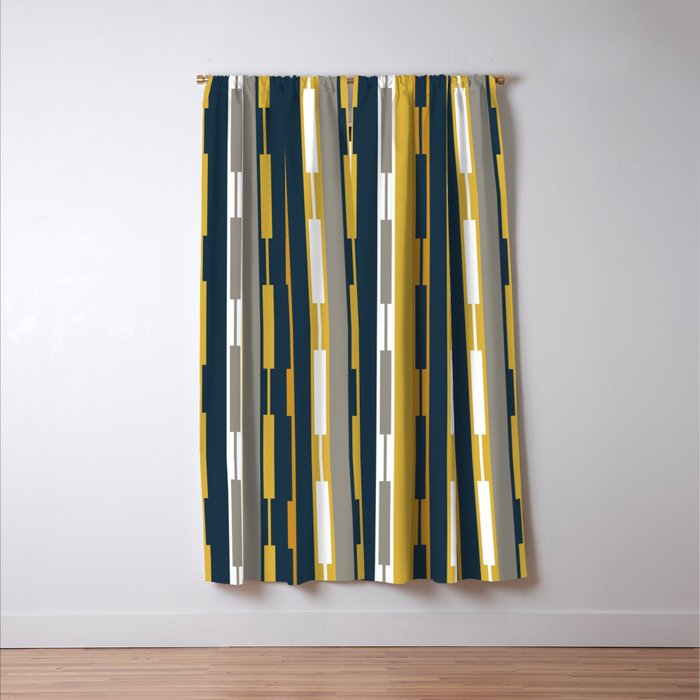 Vertical Striped Geo Chain Geometric Pattern Navy Blue Mustard Yellow Gray White Window Curtain Gallery Image 3