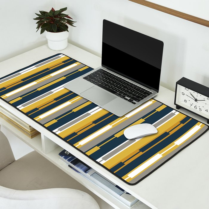 Vertical Striped Geo Chain Geometric Pattern Navy Blue Mustard Yellow Gray White Desk Mat Gallery Image 2