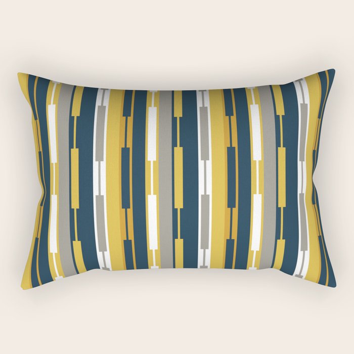 Vertical Striped Geo Chain Geometric Pattern Navy Blue Mustard Yellow Gray White Rectangular Pillow Gallery Image 1