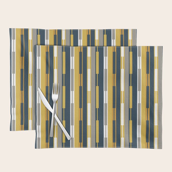 Vertical Striped Geo Chain Geometric Pattern Navy Blue Mustard Yellow Gray White Placemat Gallery Image 1