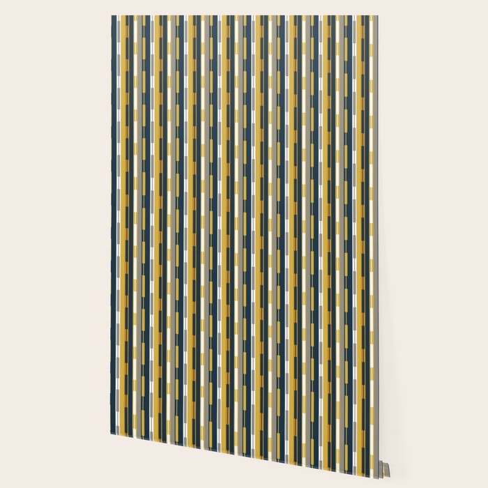 Vertical Striped Geo Chain Geometric Pattern Navy Blue Mustard Yellow Gray White Wallpaper Gallery Image 2