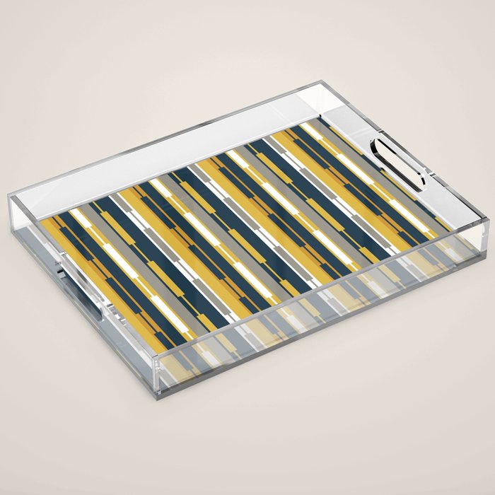 Vertical Striped Geo Chain Geometric Pattern Navy Blue Mustard Yellow Gray White Acrylic Tray Gallery Image 1