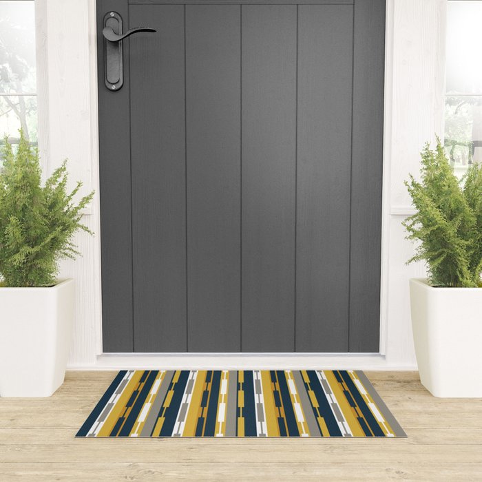Vertical Striped Geo Chain Geometric Pattern Navy Blue Mustard Yellow Gray White Welcome Mat Gallery Image 3