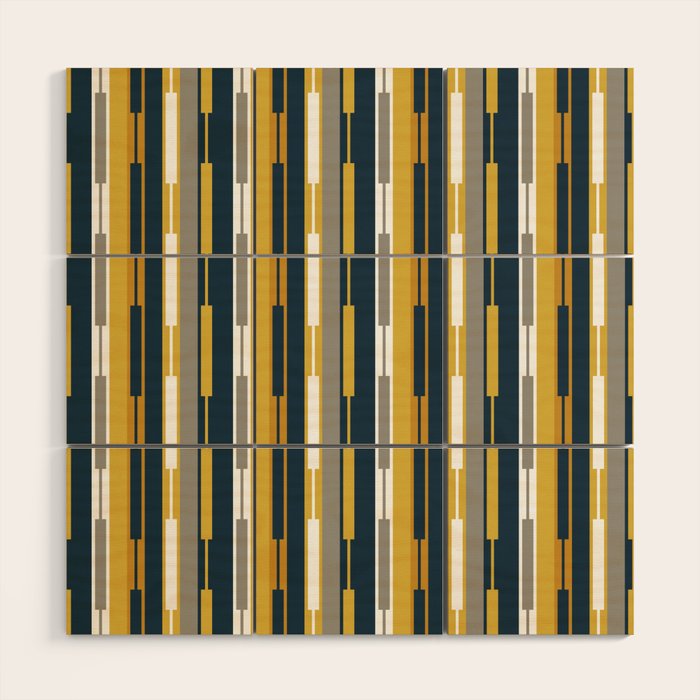 Vertical Striped Geo Chain Geometric Pattern Navy Blue Mustard Yellow Gray White Wood Wall Art Gallery Image 1