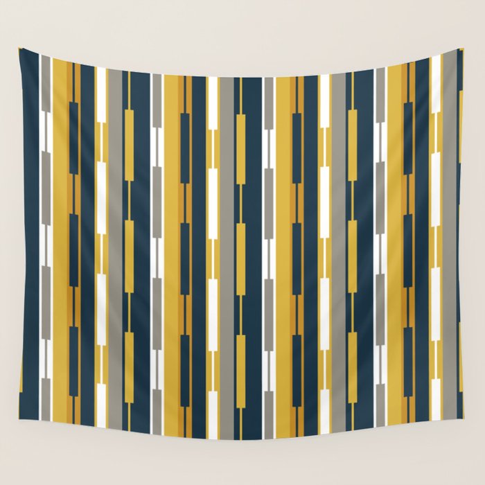 Vertical Striped Geo Chain Geometric Pattern Navy Blue Mustard Yellow Gray White Wall Tapestry Gallery Image 4