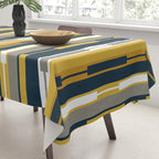 Vertical Striped Geo Chain Geometric Pattern Navy Blue Mustard Yellow Gray White Tablecloth Gallery Image 3