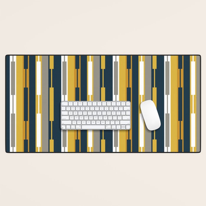 Vertical Striped Geo Chain Geometric Pattern Navy Blue Mustard Yellow Gray White Desk Mat Gallery Image 1