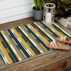 Vertical Striped Geo Chain Geometric Pattern Navy Blue Mustard Yellow Gray White Outdoor Rug Gallery Image 2