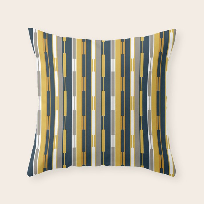 Vertical Striped Geo Chain Geometric Pattern Navy Blue Mustard Yellow Gray White Throw Pillow Gallery Image 1