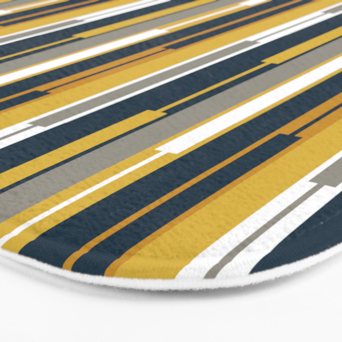 Vertical Striped Geo Chain Geometric Pattern Navy Blue Mustard Yellow Gray White Bath Mat Gallery Image 3
