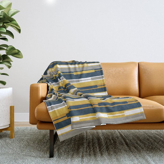 Vertical Striped Geo Chain Geometric Pattern Navy Blue Mustard Yellow Gray White Throw Blanket Gallery Image 1