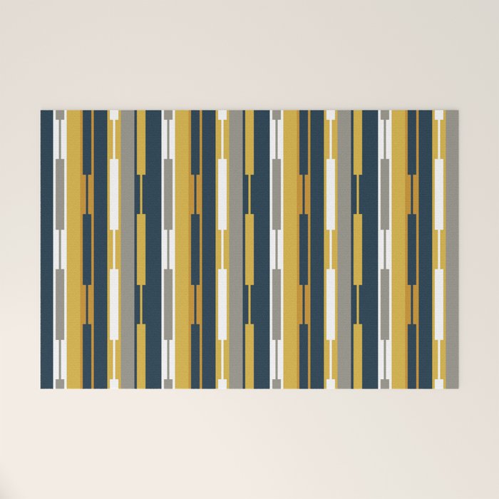 Vertical Striped Geo Chain Geometric Pattern Navy Blue Mustard Yellow Gray White Welcome Mat Gallery Image 1