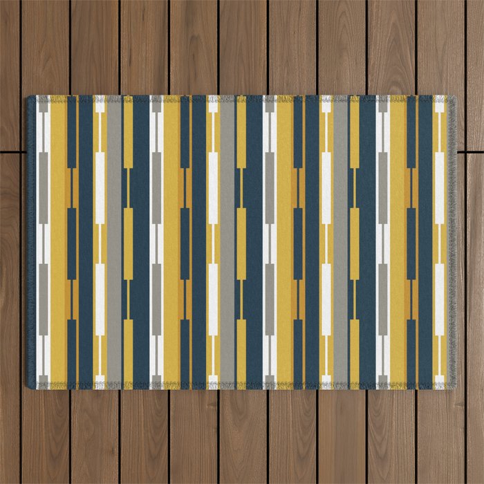Vertical Striped Geo Chain Geometric Pattern Navy Blue Mustard Yellow Gray White Outdoor Rug Gallery Image 1