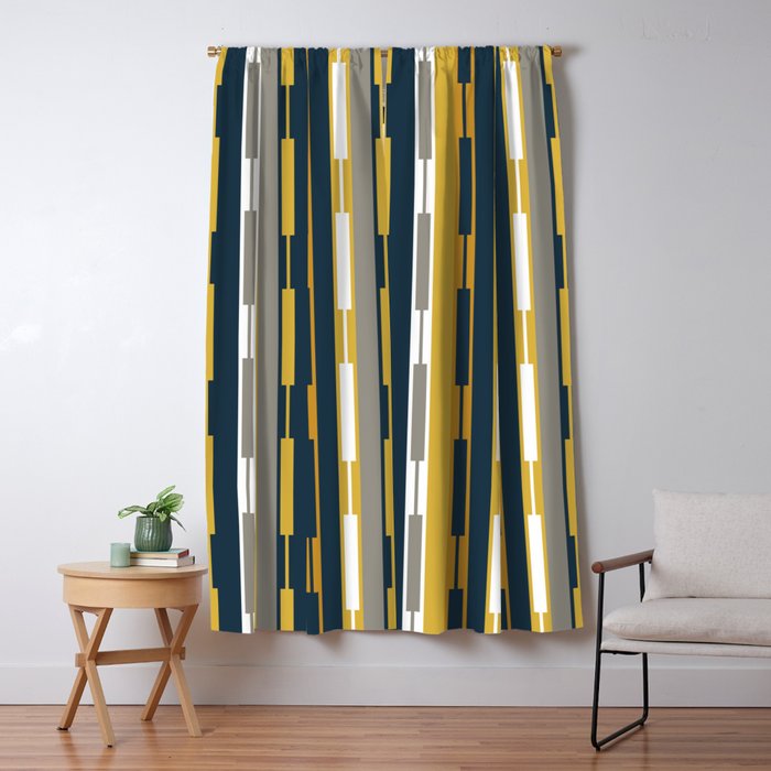 Vertical Striped Geo Chain Geometric Pattern Navy Blue Mustard Yellow Gray White Window Curtain Gallery Image 5
