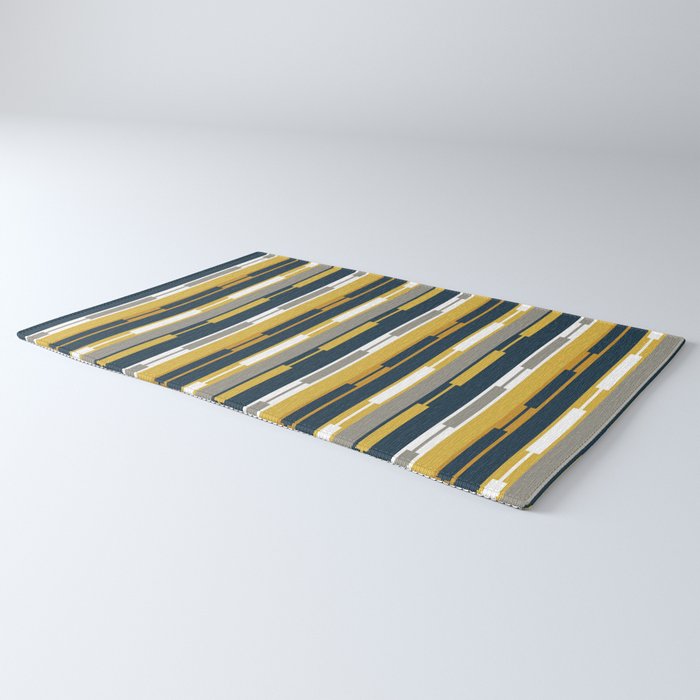 Vertical Striped Geo Chain Geometric Pattern Navy Blue Mustard Yellow Gray White Rug Gallery Image 3
