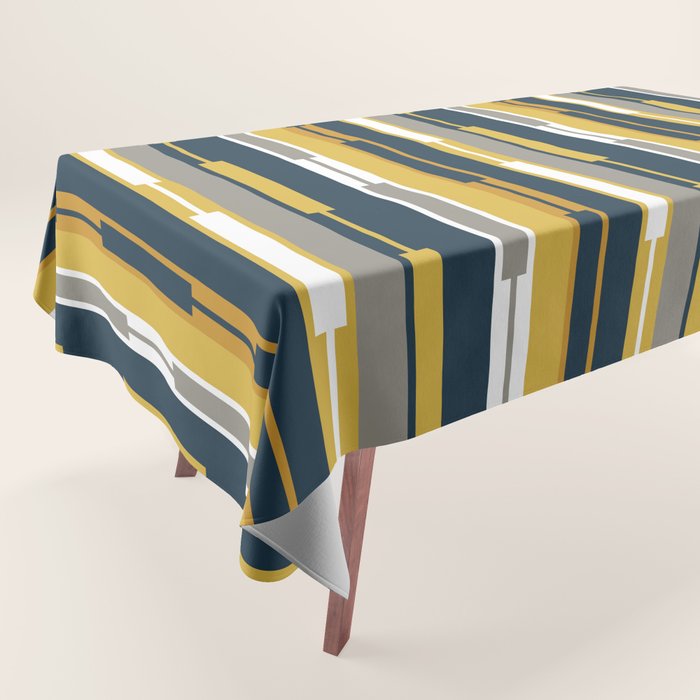 Vertical Striped Geo Chain Geometric Pattern Navy Blue Mustard Yellow Gray White Tablecloth Gallery Image 1