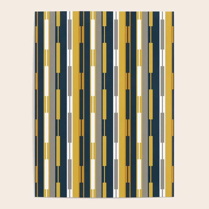 Vertical Striped Geo Chain Geometric Pattern Navy Blue Mustard Yellow Gray White Poster Gallery Image 1