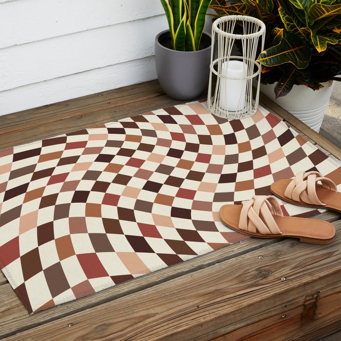 Coffee Brown Swirl Checker Outdoor Rug Gallery Image 2